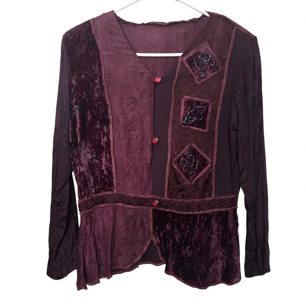 Vintage Whimsigoth Patchwork Velvet Beaded Dress Blazer Set Burgundy Size S P